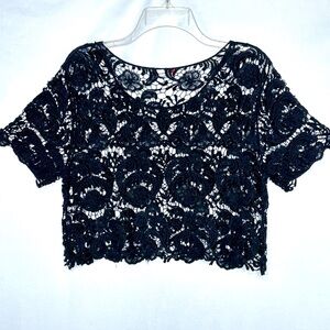 Black Lace Crop Top Short Sleeve‎ Floral Crochet Y2K Whimsigoth Bohemian